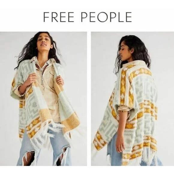 Free People Sweaters - Free People Diamondback Cozy Kimono Poncho Soft Southwest Boho Ivory Yellow OS